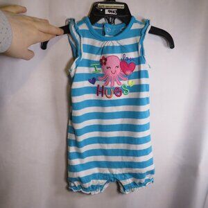 Baby Blue Striped Bodysuit w embroidered Octopus 6 mths 100% cotton Sleeveless